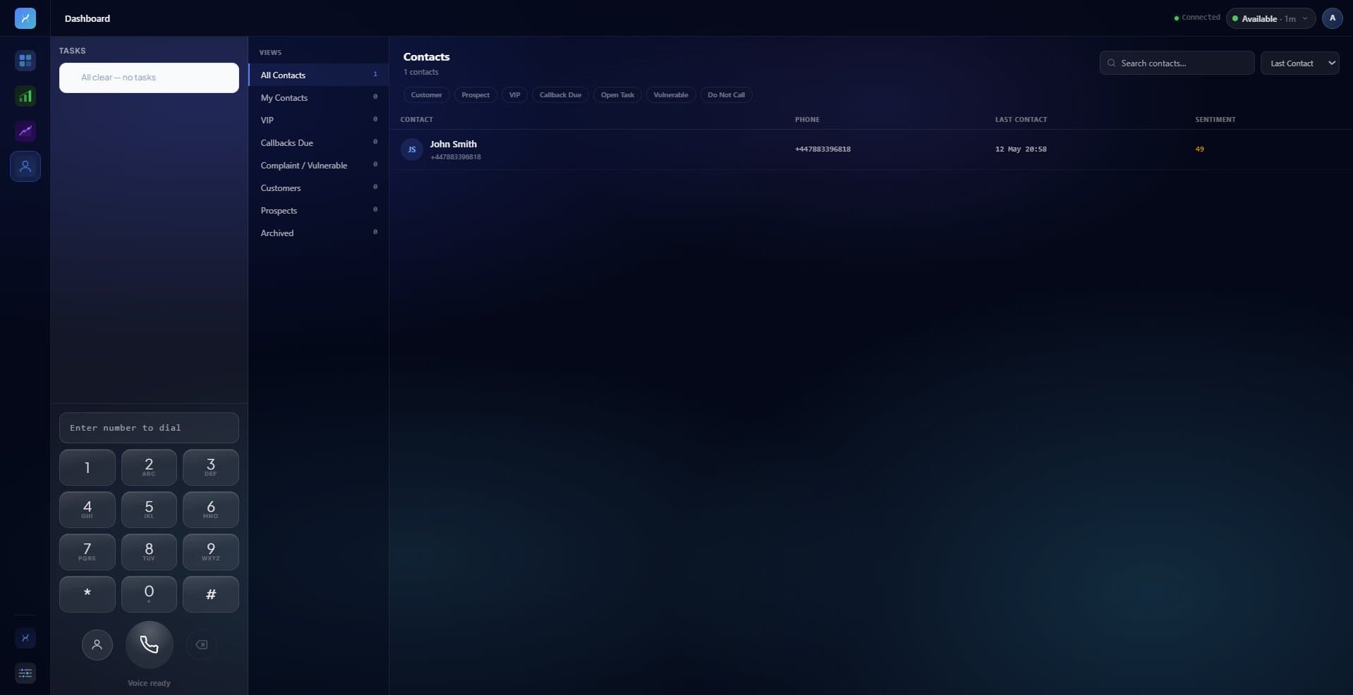 Voxcierge contacts view with sentiment scores and full call history